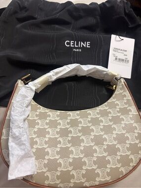 Celine Beige Triomphe Crescent Shoulder Bag with Tan Trim